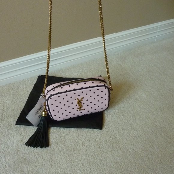 SAINT LAURENT YSL Mini 'Lou' Logo Polka Dot Pattern Leather Crossbody Bag (Pink) - Picture 2 of 12